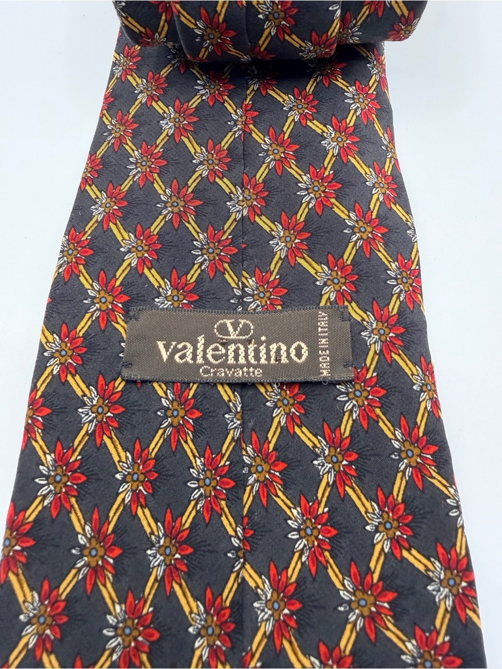 Valentino Black Silk Tie with Red and Gold Floral Lattice
